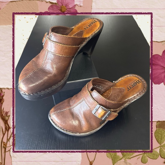 Born Shoes - Born Brown Leather Wedge Clogs Size 6 / 36.5 | Handcrafted Buckle Mule Heels